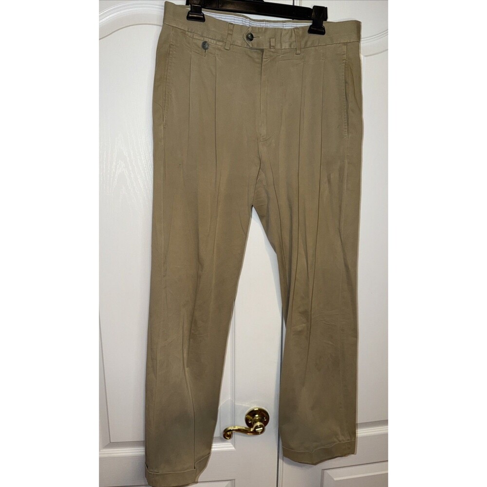 VTG Faconnable Mens Khaki Chinos Pants Pleated Cuffed Size 32x 30 Cotton Spandex